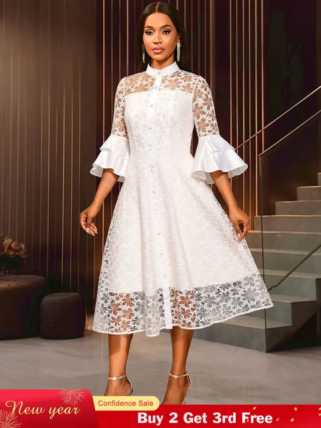 AOMEIDRESS White A Line Lace Dress with Stand Collar Flare Sleeves White / S