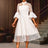 AOMEIDRESS White A Line Lace Dress with Stand Collar Flare Sleeves White / S