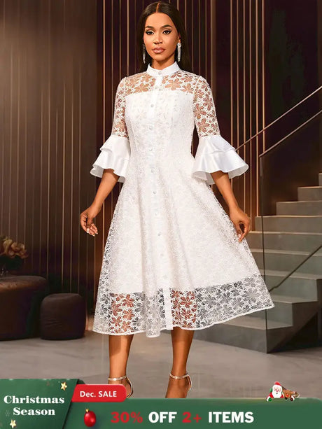 AOMEIDRESS White A Line Lace Dress with Stand Collar Flare Sleeves White / S
