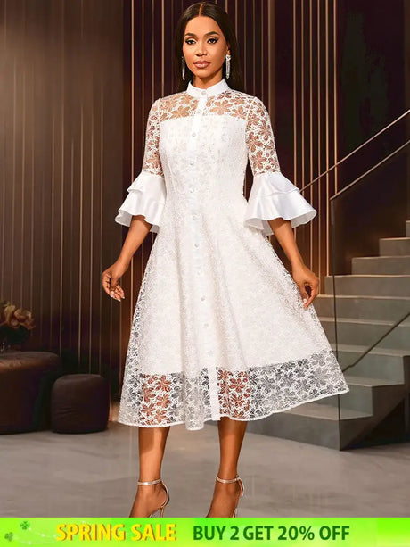 AOMEIDRESS White A Line Lace Dress with Stand Collar Flare Sleeves White / S