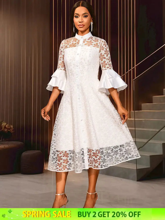 AOMEIDRESS White A Line Lace Dress with Stand Collar Flare Sleeves White / S