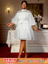 AOMEIDRESS White A Line Shirt Dresses With Waist Belt Single Breasted White / 0XL