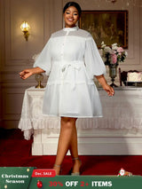 AOMEIDRESS White A Line Shirt Dresses With Waist Belt Single Breasted White / 0XL