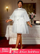 AOMEIDRESS White A Line Shirt Dresses With Waist Belt Single Breasted White / 0XL