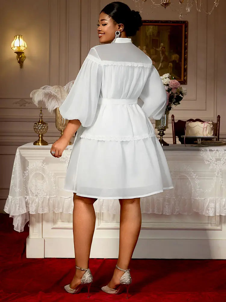 AOMEIDRESS White A Line Shirt Dresses With Waist Belt Single Breasted