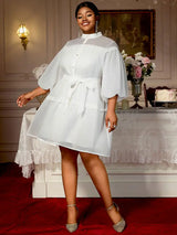AOMEIDRESS White A Line Shirt Dresses With Waist Belt Single Breasted