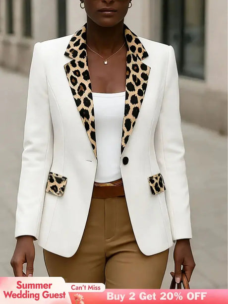 AOMEIDRESS White Blazer Leopard Lapel and Pocket Trim Office Wear White / S
