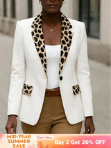 AOMEIDRESS White Blazer Leopard Lapel and Pocket Trim Office Wear White / S