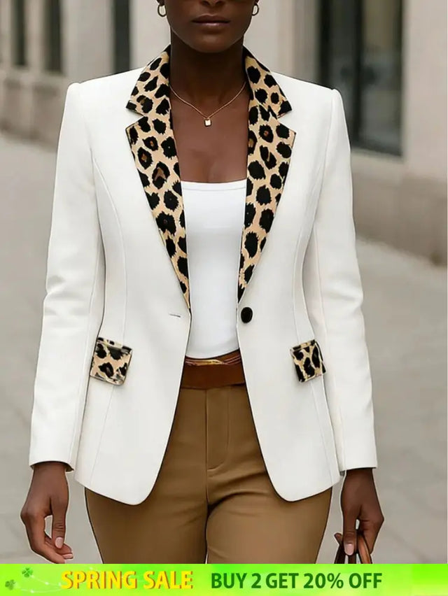 AOMEIDRESS White Blazer Leopard Lapel and Pocket Trim Office Wear White / S