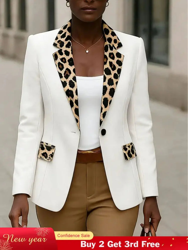 AOMEIDRESS White Blazer Leopard Lapel and Pocket Trim Office Wear White / S