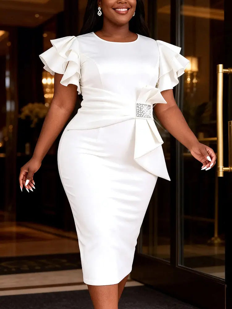 AOMEIDRESS White Bodycon Dress Ruffles Sleeves Rhinestone Waist Party