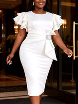 AOMEIDRESS White Bodycon Dress Ruffles Sleeves Rhinestone Waist Party