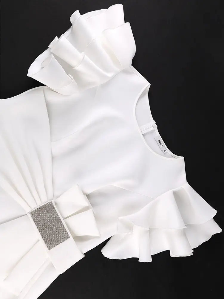 AOMEIDRESS White Bodycon Dress Ruffles Sleeves Rhinestone Waist Party
