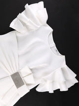 AOMEIDRESS White Bodycon Dress Ruffles Sleeves Rhinestone Waist Party
