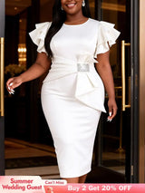 AOMEIDRESS White Bodycon Dress Ruffles Sleeves Rhinestone Waist Party - White / 0XL