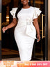 AOMEIDRESS White Bodycon Dress Ruffles Sleeves Rhinestone Waist Party - White / 0XL
