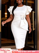 AOMEIDRESS White Bodycon Dress Ruffles Sleeves Rhinestone Waist Party - White / 0XL