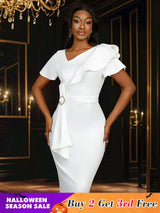 AOMEIDRESS White Bridal Shower Dress for Bride Bow Package Hip Dress White / S