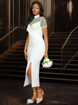 AOMEIDRESS White Bridal Shower Dress Lace Patchwork Package Hip Dress