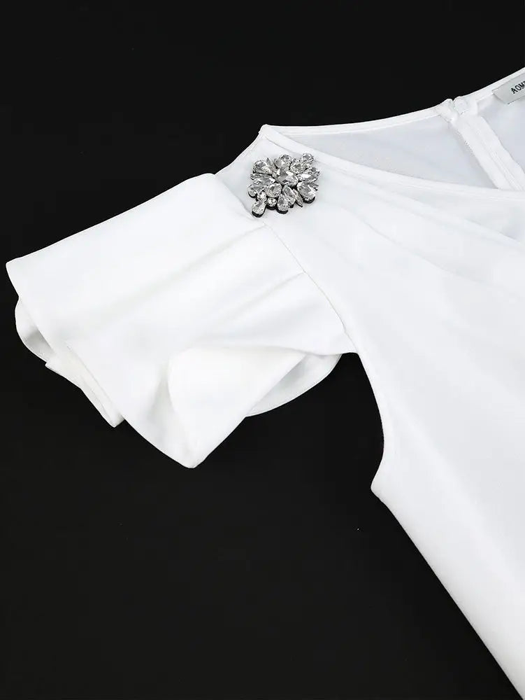 AOMEIDRESS White Bridal Shower Dresses Ruffles Slit Package Hip V Neck