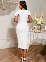 AOMEIDRESS White Bridal Shower Dresses Ruffles Slit Package Hip V Neck