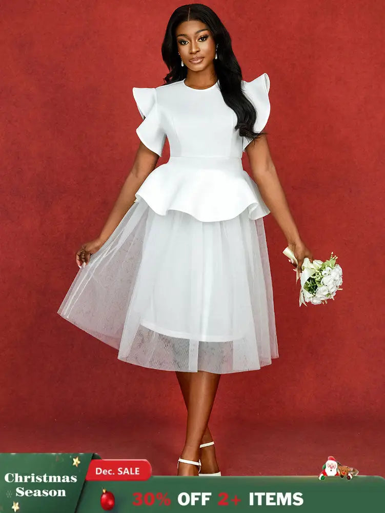 AOMEIDRESS White Bridal Shower Outfit A Line Midi tulle Dresses White / S