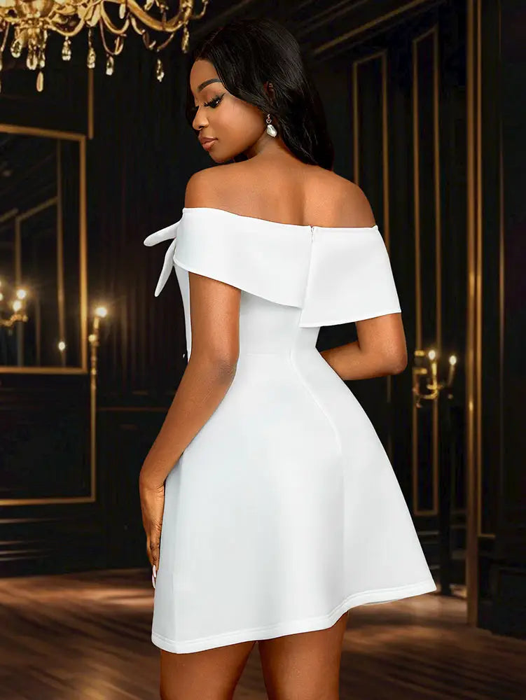 AOMEIDRESS White Bridal Shower Outfit Off Shoulder A Line Mini Dress