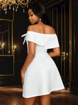 AOMEIDRESS White Bridal Shower Outfit Off Shoulder A Line Mini Dress