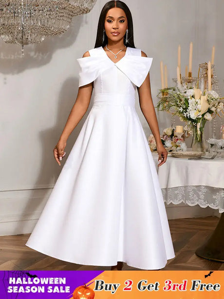 AOMEIDRESS White Bridal Shower Outfits A Line Maxi Dresses With 3D Bow White / S