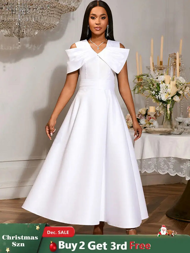 AOMEIDRESS White Bridal Shower Outfits A Line Maxi Dresses With 3D Bow White / S