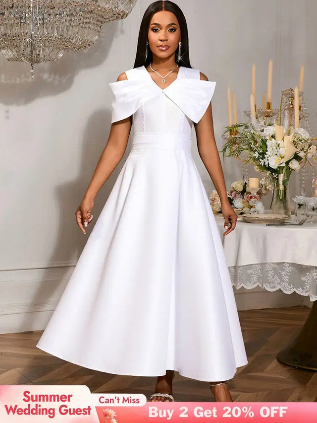 AOMEIDRESS White Bridal Shower Outfits A Line Maxi Dresses With 3D Bow White / S