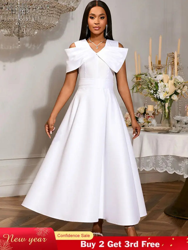 AOMEIDRESS White Bridal Shower Outfits A Line Maxi Dresses With 3D Bow White / S