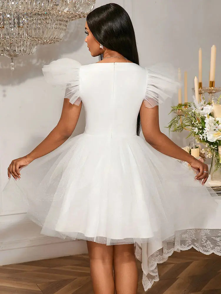 AOMEIDRESS White Bridal Shower Outfits A Line Mini Puffy Mesh Dress