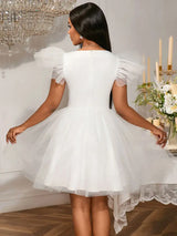 AOMEIDRESS White Bridal Shower Outfits A Line Mini Puffy Mesh Dress