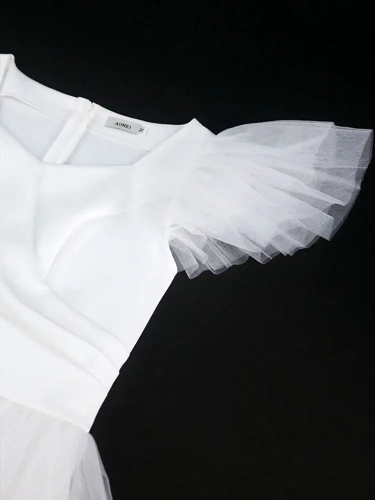 AOMEIDRESS White Bridal Shower Outfits A Line Mini Puffy Mesh Dress