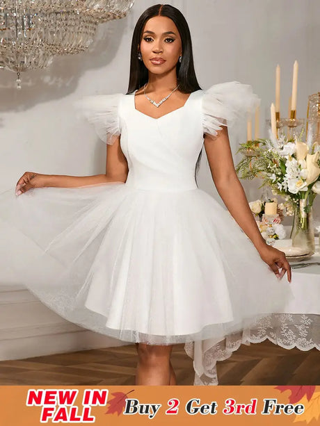 AOMEIDRESS White Bridal Shower Outfits A Line Mini Puffy Mesh Dress White / S