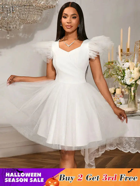 AOMEIDRESS White Bridal Shower Outfits A Line Mini Puffy Mesh Dress White / S