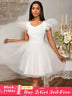 AOMEIDRESS White Bridal Shower Outfits A Line Mini Puffy Mesh Dress White / S