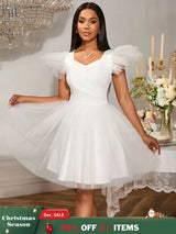 AOMEIDRESS White Bridal Shower Outfits A Line Mini Puffy Mesh Dress White / S