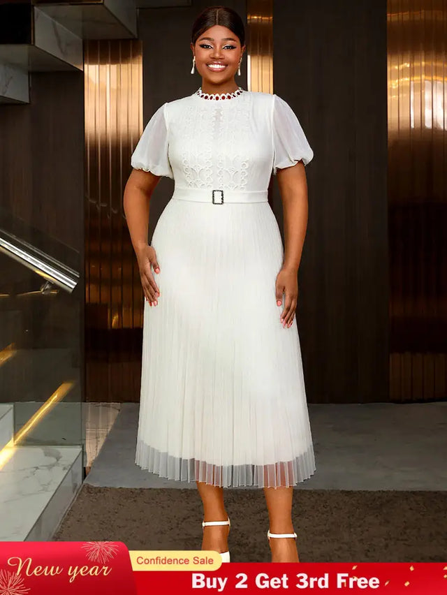 AOMEIDRESS White Bridal Shower Outfits A Line Puff Sleeve Waist Belt White / 0XL