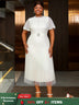 AOMEIDRESS White Bridal Shower Outfits A Line Puff Sleeve Waist Belt White / 0XL