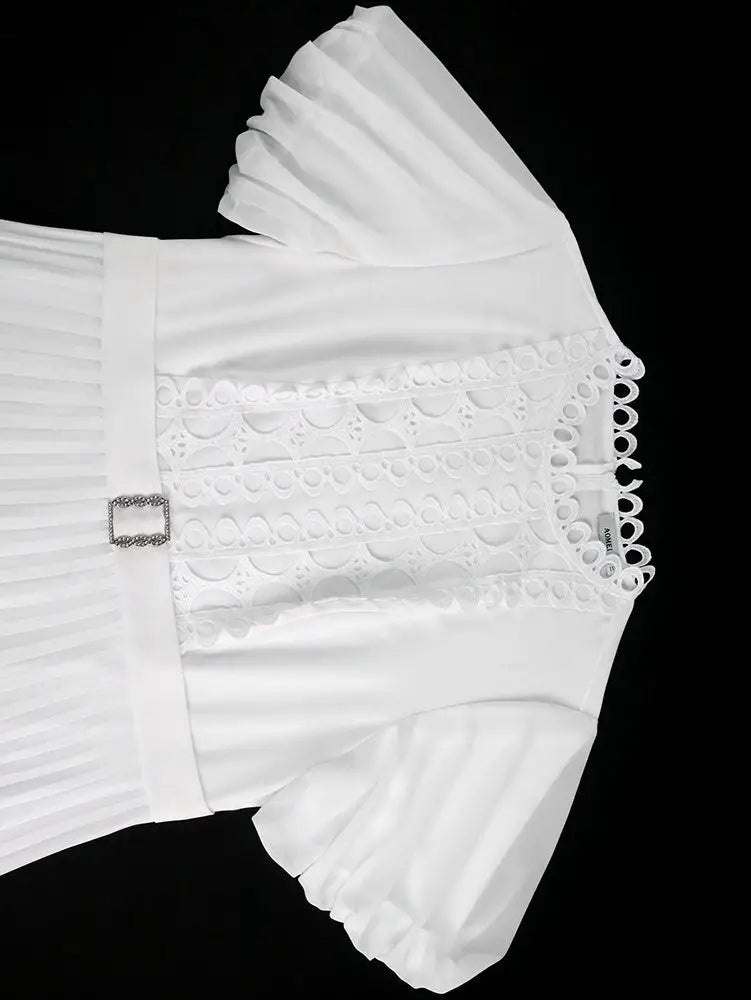 AOMEIDRESS White Bridal Shower Outfits A Line Puff Sleeve Waist Belt