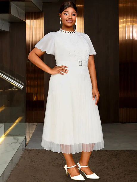 AOMEIDRESS White Bridal Shower Outfits A Line Puff Sleeve Waist Belt