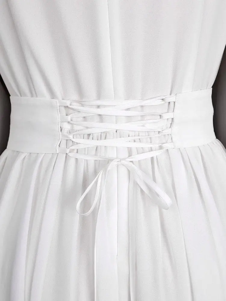 AOMEIDRESS White Chiffon A Line Dresses V Neck Puff Sleeves Waistband
