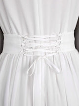 AOMEIDRESS White Chiffon A Line Dresses V Neck Puff Sleeves Waistband