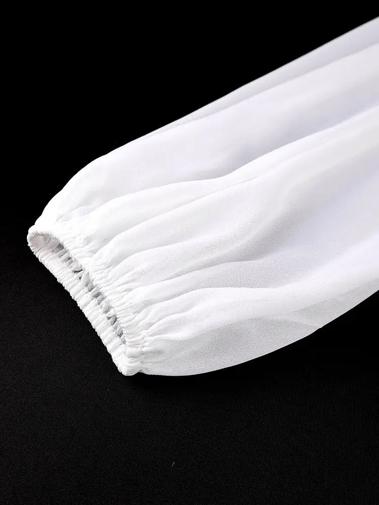 AOMEIDRESS White Chiffon A Line Dresses V Neck Puff Sleeves Waistband