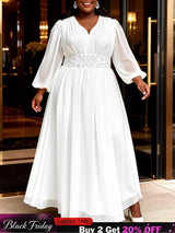 AOMEIDRESS White Chiffon A Line Dresses V Neck Puff Sleeves Waistband - White / L