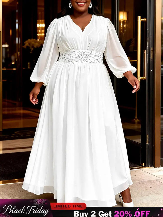 AOMEIDRESS White Chiffon A Line Dresses V Neck Puff Sleeves Waistband - White / L