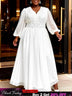AOMEIDRESS White Chiffon A Line Dresses V Neck Puff Sleeves Waistband - White / L