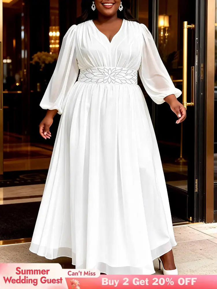 AOMEIDRESS White Chiffon A Line Dresses V Neck Puff Sleeves Waistband - White / L